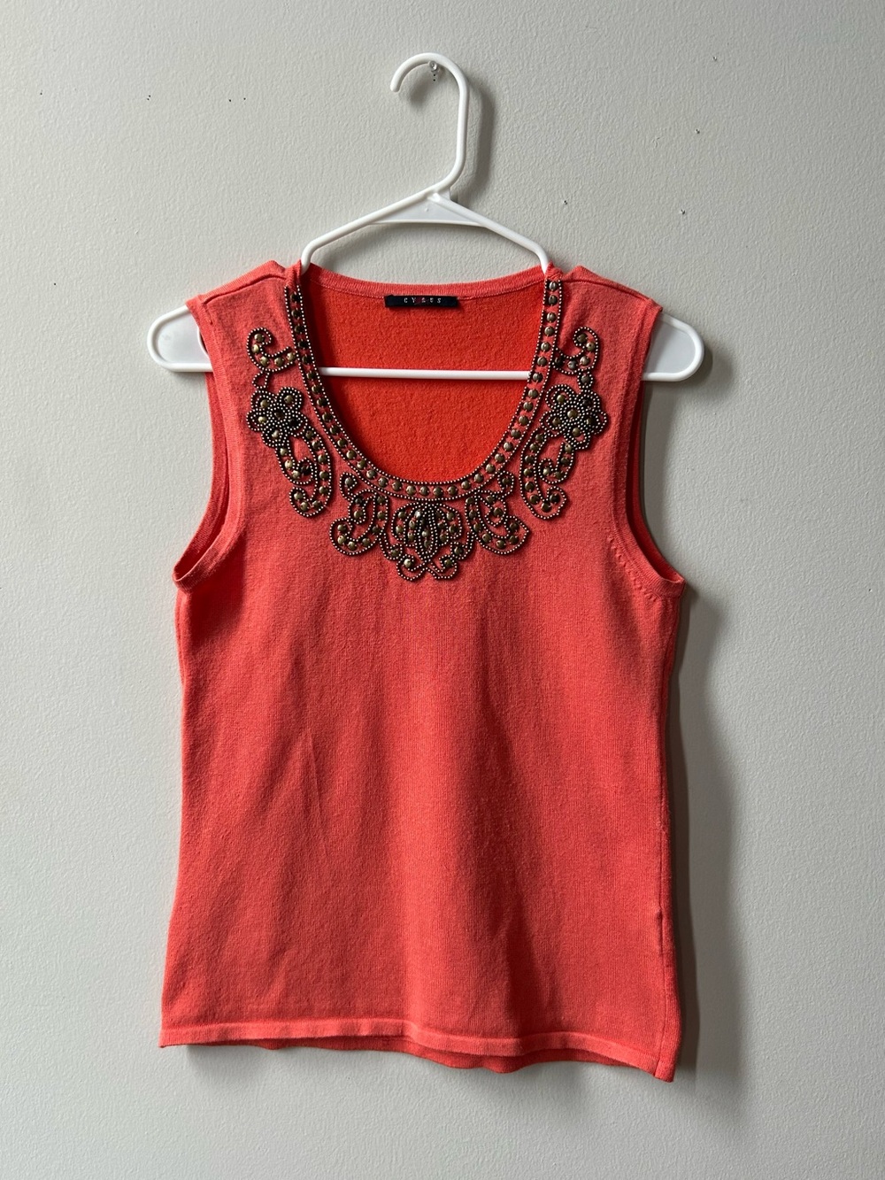 Cyrus Coral Sleeveless Beaded Neckline Tank